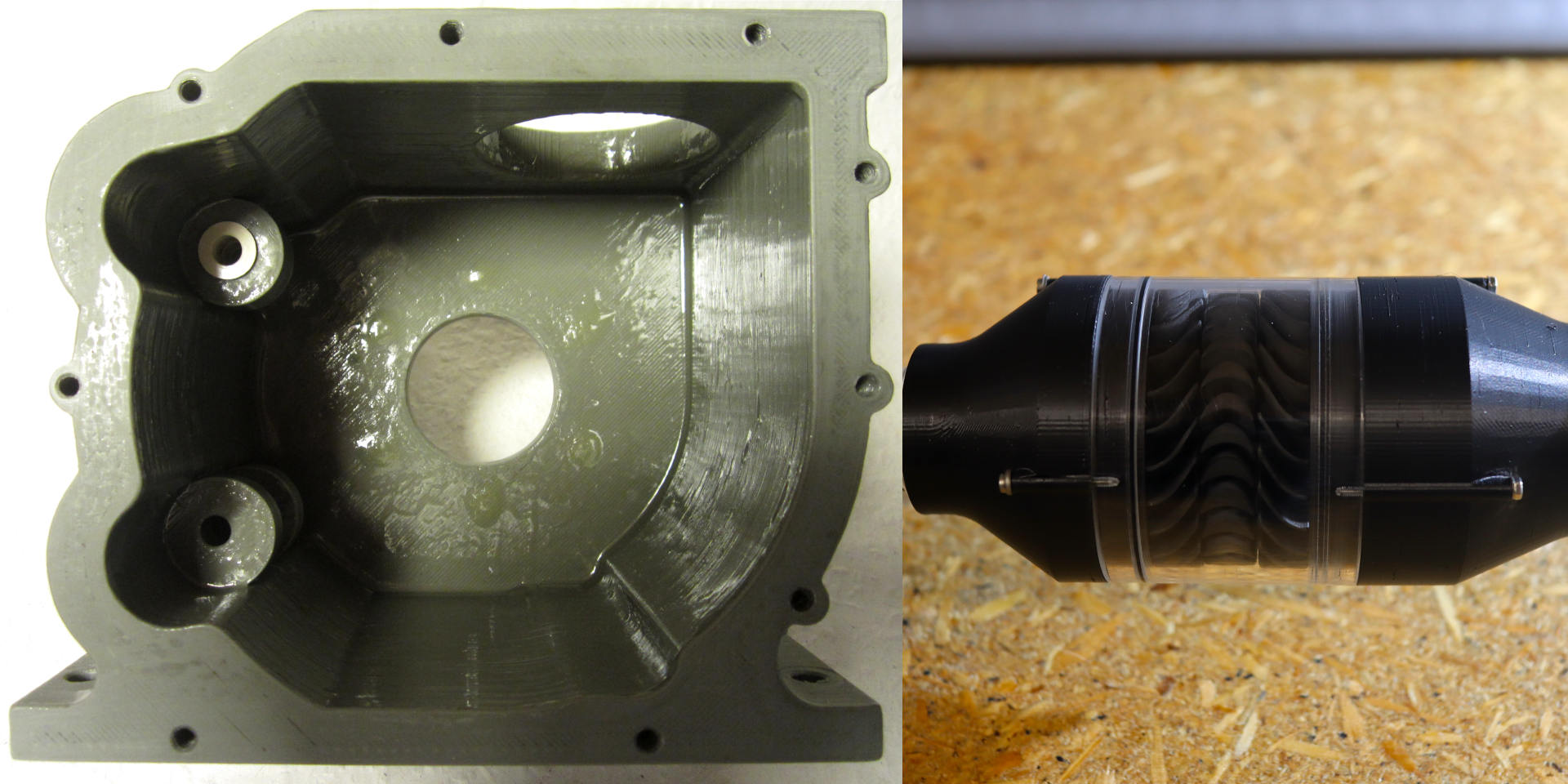 Shows 3D printing engine parts
